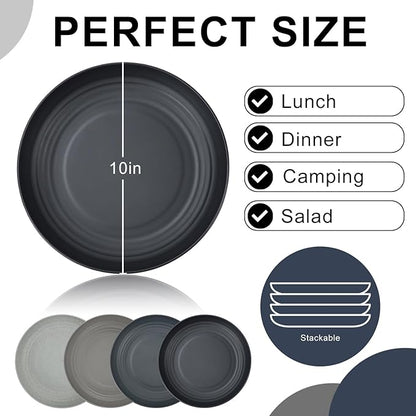 Wheat Straw Plates 10 Inch Dinner Plates Set of 8, Lightweight and Unbreakable Plastic Plates Reusable, Microwave & Dishwasher Safe Kids Plates (Black, Grey)