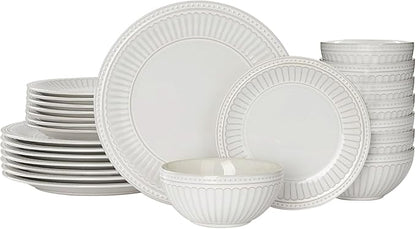 Famiware Garden Plates and Bowls Set, 24-Piece Dish Set for 8, Scratch Resistant Stoneware Dinnerware Set, Embossed Ceramic Tableware - Microwave and Dishwasher Safe, Reactive Glaze White