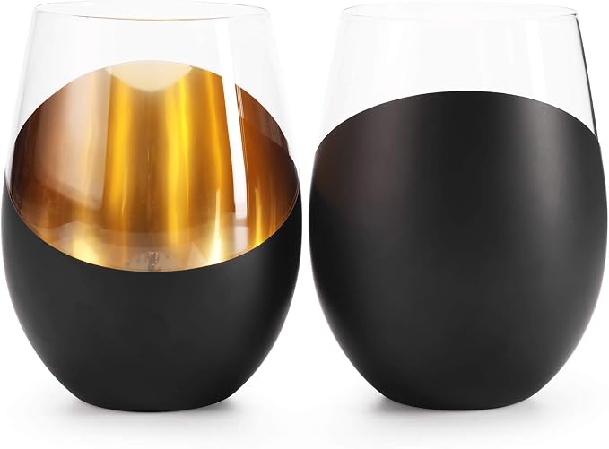 MyGift Modern Matte Black and Gold Tilted Design Stemless Wine Glasses Tumblers - Image 5