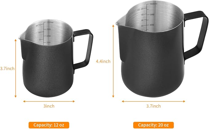 2 Pack Matte Black Milk Frothing Pitcher, 12oz/350ml & 20oz/600ml Espresso - Image 2