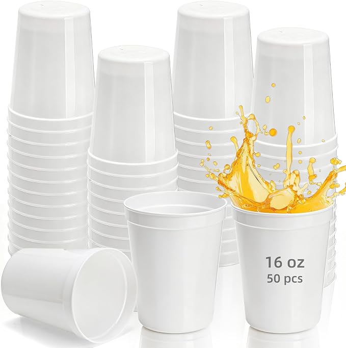 Cididu 50 Pack White Stadium Cups, Reusable 16 Oz Plastic Cups by Cididu