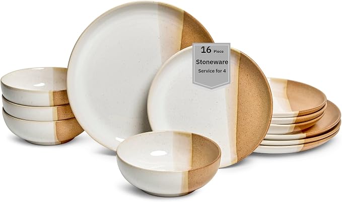 Sango 12 Pieces Stoneware Dinnerware Set, Glossy Caramel & Cream Dishes by Sango