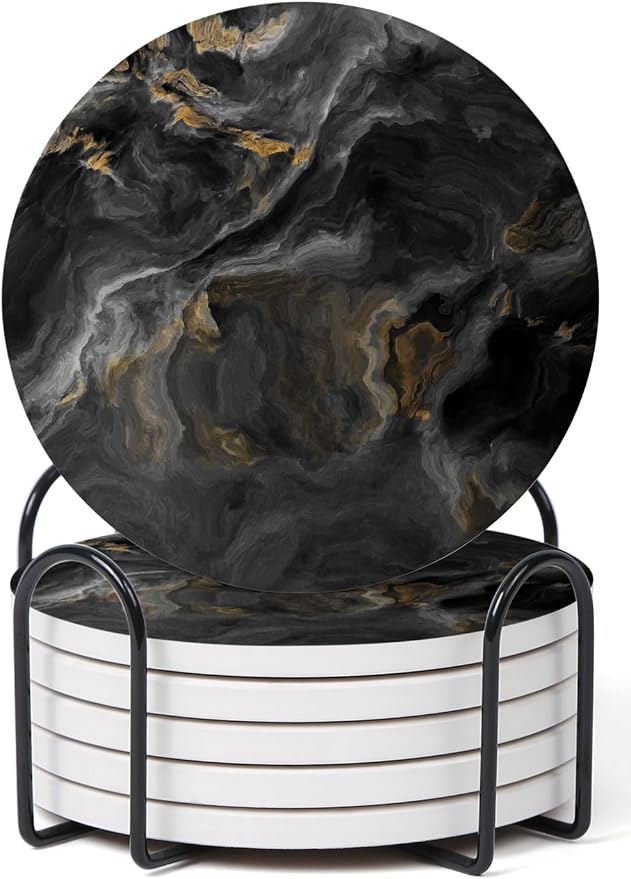 Set of 6 Abstract Black Marble Coasters by Hoomey