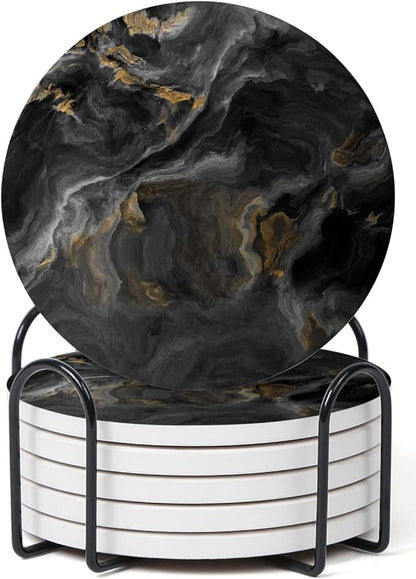 Set of 6 Abstract Black Marble Coasters by Hoomey