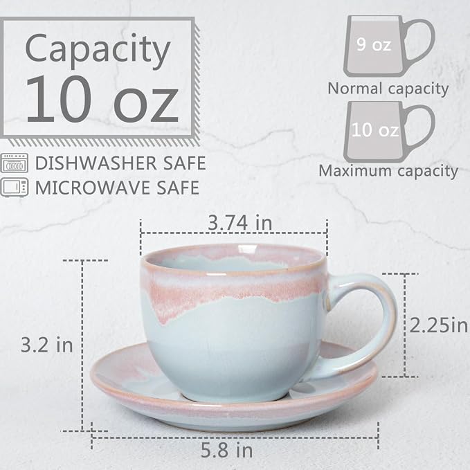 Bosmarlin Ceramic Cappuccino Cup and Saucer Set of 2, 9 Oz, Coffee Cups - Image 2