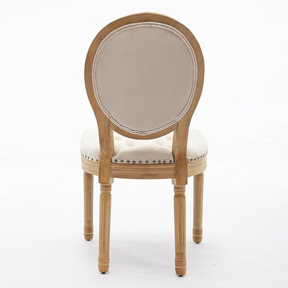 Ball & Cast French Vintage Upholstered Dining Chairs Set of 2, Button Tufted Kitchen Side-Chairs with Carved Antique Wood Frame & Nailhead Trims, 2-Piece Curved Backrest Louis Chair, Velvet Beige