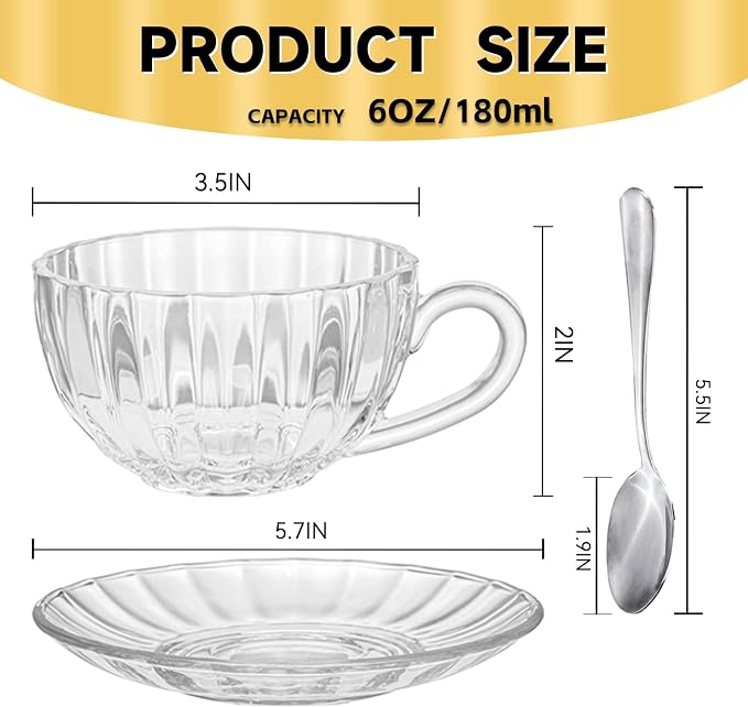 Glass Tea Cups and Saucers Set of 6, Dishwasher & Microwave Safe Teacups - Image 7