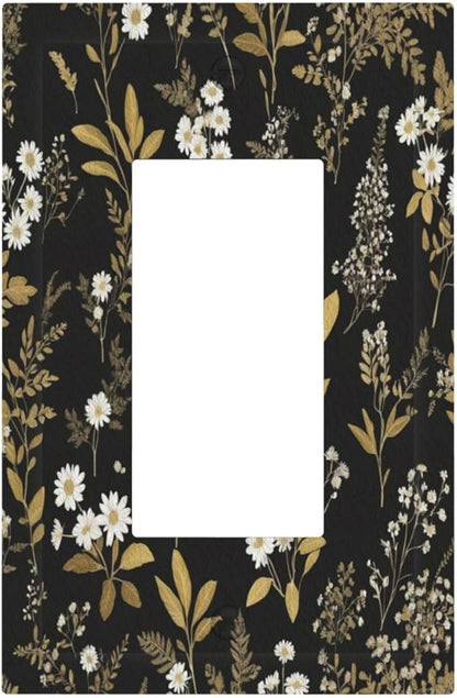 Outlet Covers Black/Gold Boho Botanical Floral Rustic Flowers 1 Gang Wall Plate Single Rocker Light Switch Cover Decorative GFCI Receptacle Electrical Switchplate for Bathroom Kitchen（2 Pack）