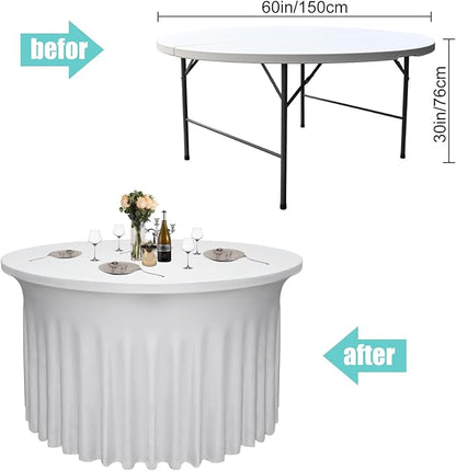 2 Pack White Round Table Skirt, 60 Inch Diameter x 30 Inch Height, Stretch Polyester Spandex Tablecloth for 5ft Round Tables, Stain & Wrinkle Resistant for Wedding, Banquet Decor