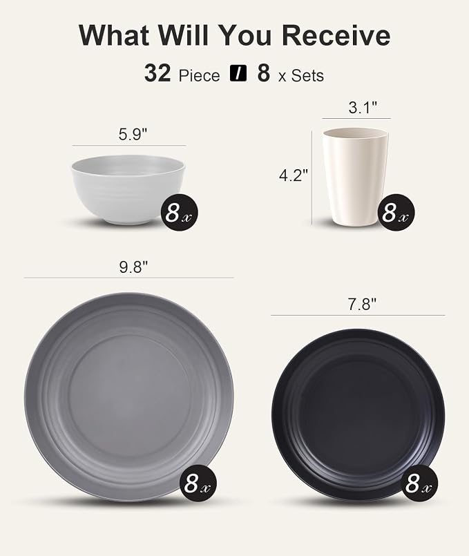 Quatish 32 Pcs Unbreakable Plates and Bowls, Plastic Dinnerware Sets - Image 2