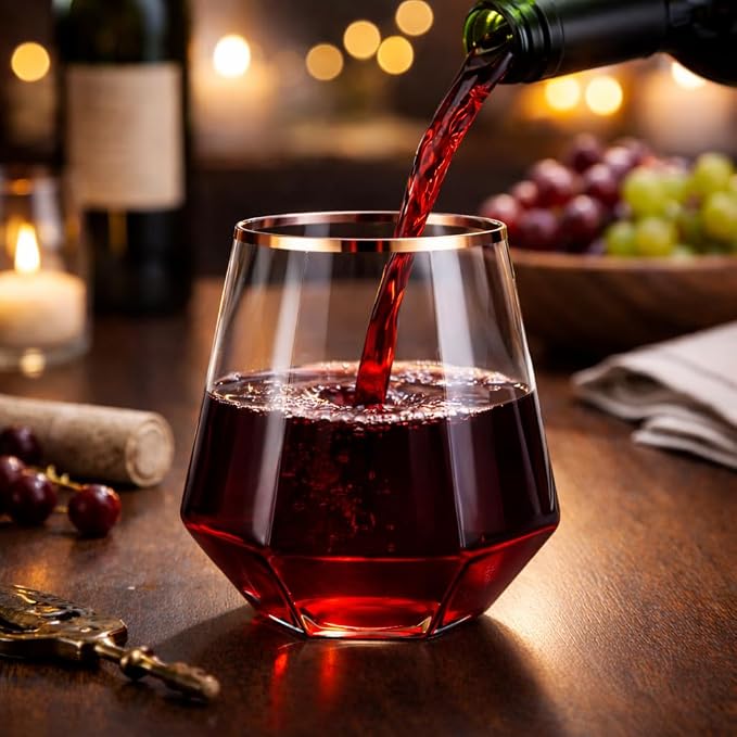 Oojami 40 Pack Disposable Wine Glasses 12 oz Diamond Stemless Plastic | Rose - Image 2