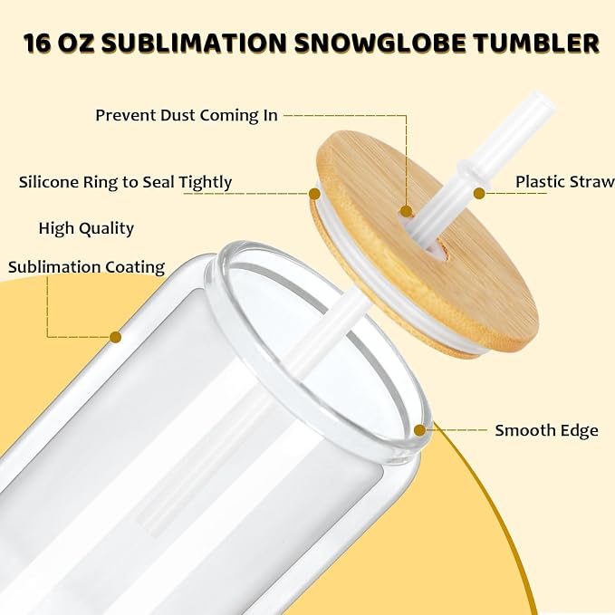 16 Oz Snow Globe Tumbler, 6 Pack Pre-Drilled Sublimation Glass Cup - Image 2