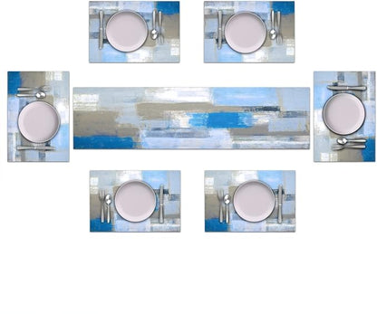 Light Blue Grey Table Runner & Placemats Set, Linen 108" Long | Abstract - Image 2