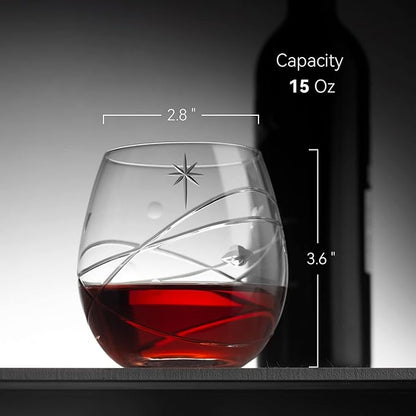 SHOSHIN Space Stemless Wine Glass Set of 4-15Oz,Hand-Cut Wine Glasses,Premium Wine glass for The Space Enthusiast- Planets and Stars Crystal Drinking Glasses,Best wine Gifts