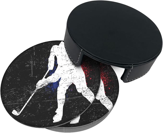 6 Pcs Vintage Ice Hockey Player Leather Coasters - Image 4