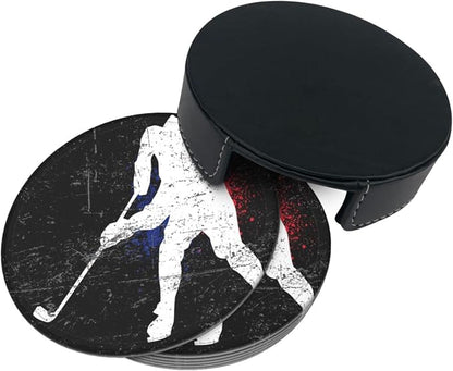6 Pcs Vintage Ice Hockey Player Leather Coasters - Image 4