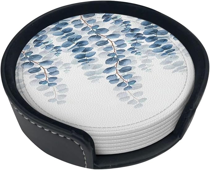 6 Pcs Eucalyptus Leaves Bath Mat Blue Leaf Plant Botanical Leather Coasters - Image 2