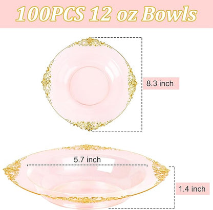 100PCS Clear Pink Plastic Bowls - 12 oz Pink Gold Disposable Salad Bowls - Heavy Duty Disposable Soup Bowl - Fancy Plastic Ice Cream Bowl for Weddings Valentine's Day Parties Dinners Picnics