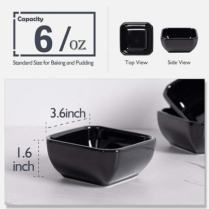 Delling Square Porcelain Ramekins - Oven Safe, Set of 6 Black, Perfect for Creme Brulee & Souffle