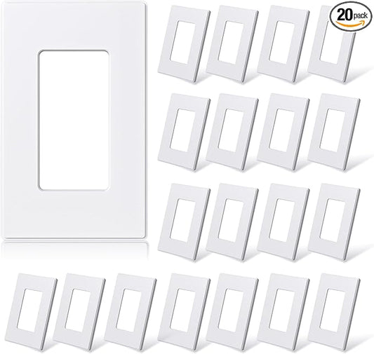 ELEGRP Matte White 1-Gang Screwless Decorative Wall Plates, Standard Size Unbreakable Thermoplastic Faceplate Cover for Decorator Receptacle Outlet Switch, UL Listed (20 Pack)