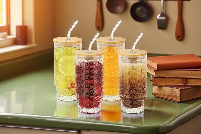 Vintage Glass Cups with Bamboo Lids and Straws–4Sets 11oz Iced Coffee Cups - Image 9