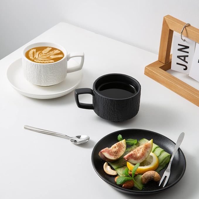Rock Texture Embossed Ceramic Coffee Set, 6 oz | Tea Set, Cappuccino Espresso - Image 7