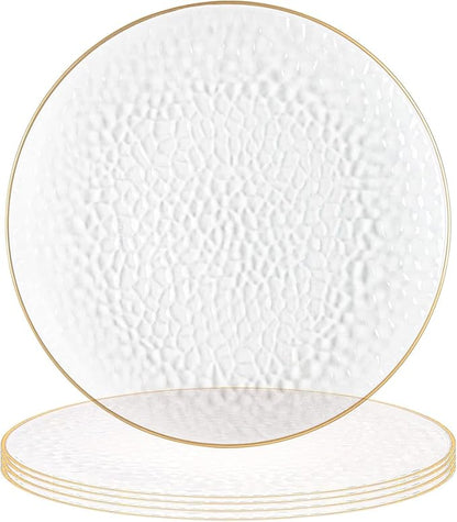 PARTY BARGAINS 13-Inch Charger Plates - 4 Pack, Hammered Clear Gold Rim, Heavy-Duty Disposable Chargers for Elegant Dining - Ideal for Weddings and Formal Events