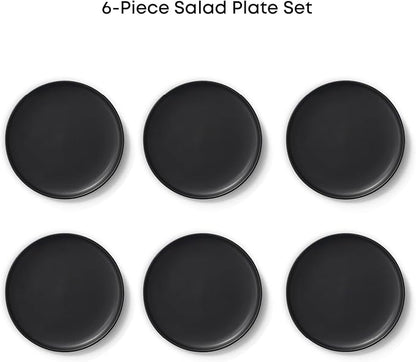 JoyJolt Mesa Stoneware Salad Plates, 8" Round Lunch Plates, Dishwasher and Microwave Safe Plate Set of 6, Modern Rustic Dinnerware, Appetizer Dessert or Dinner Sides Kitchen Dishes - Matte Black