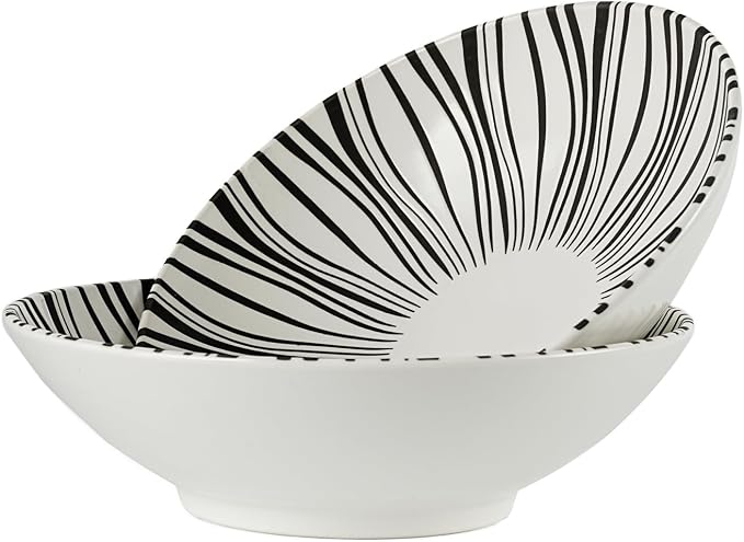 8 Inch Ceramic Bowl Set of 2, Classic Black and White Pasta Bowl, Salad Bowls by LGQ