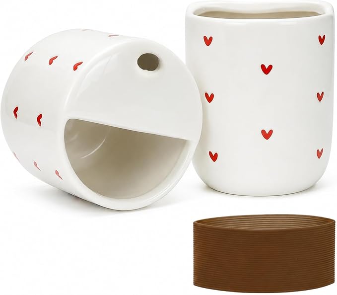 To Go Ceramic Coffee Cups with Lids, Romantic Red Hearts Ceramic Traval Mug by KOIMYSA