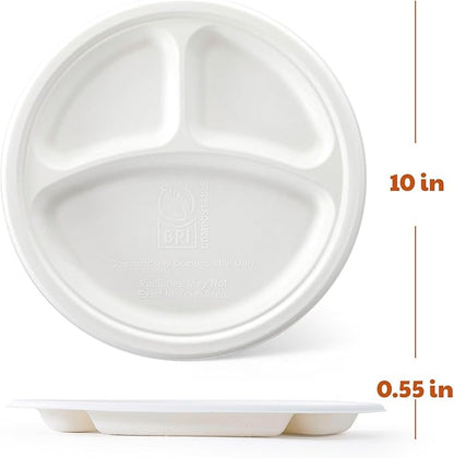 Compostable 3-Compartment Paper Plates, 125 Count, 10 Inch, Heavy Duty Disposable Divided Lunch Trays, Biodegradable Bagasse Sectional Plates for Buffet, Parties, Events & Daily Use, (White)