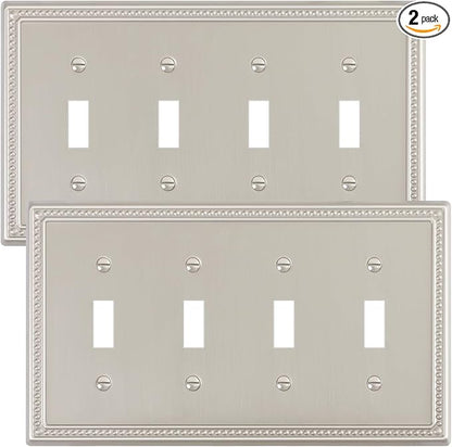 2-Pack Quad Toggle Light Switch Cover Plate, 4 Gang Metal Switch Plate Covers, Brushed Nickel Pearls Decorative Wall Plate, Corrosion Resistant