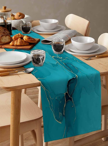 Teal Marble Table Runners 108 Inches Long, Turquoise Marble Crack Table Runner - Image 3