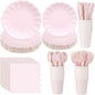 Light Pink Scalloped Paper Plates Shell Edge Disposable Tableware Cocktail Napkins Cups Plastic Spoons Forks Knives for Wedding Baby Shower Picnic Birthday Party Supply for 50 Guests