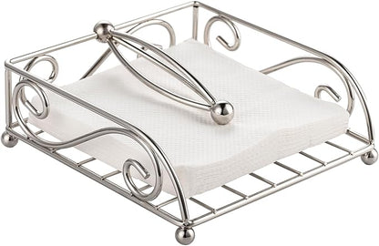 Napkin Holders for Table Metal Napkin Holder for Kitchen with Weight Arm Flat Napkin Dispenser Stainless Steel Lavish Home Hotel Decorative Holder Silver Chrome(7" L X 7" W X 2.5" H)