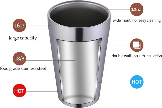BEFOY Pint Cup - 16oz Double Layer Cup Wall Stainless Steel Unbreakable Hot & - Image 5