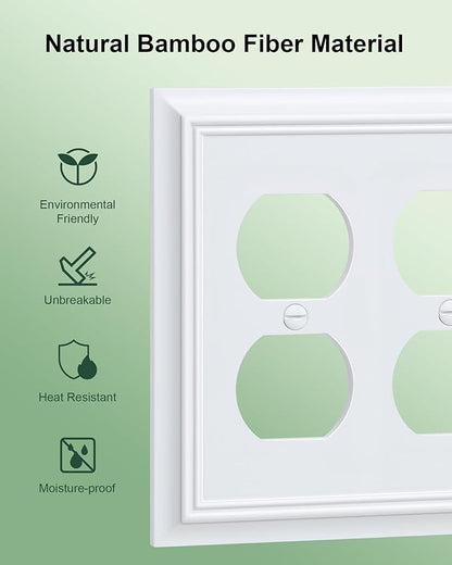 2-Pack Double Duplex Outlet Cover, Pure White Decorative Switch Plates and Outlet Covers for Electrical Outlets, Durable Natural Bamboo Fiber Wall Plates, 2 Gang Receptacle Cover