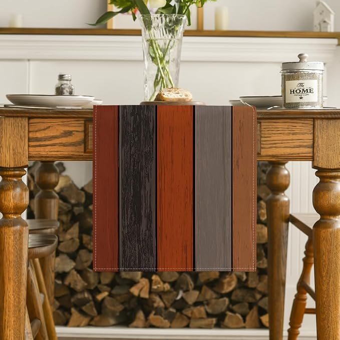 Artoid Mode Orange Grey Retro Rustic Wood Texture Table Runner, Seasonal Fall - Image 2