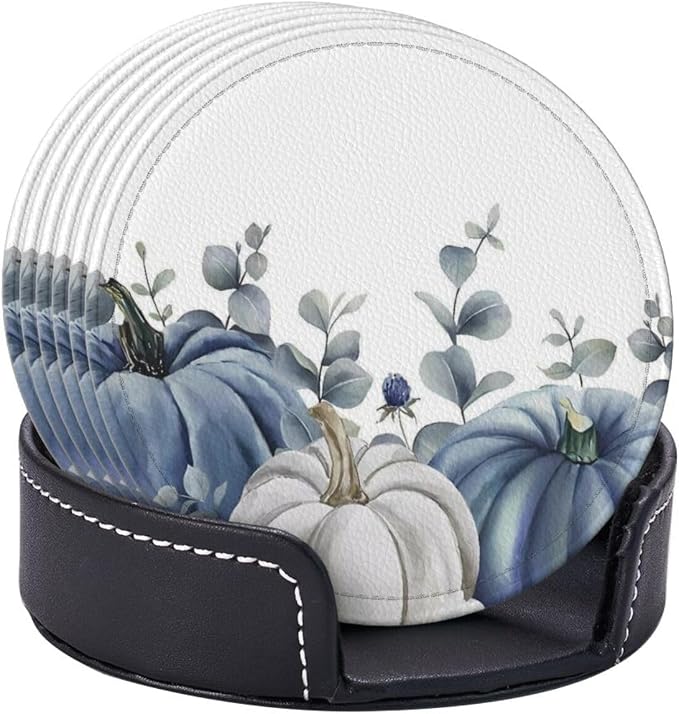6 Pcs Blue White Pumpkins Leather Coasters - Image 6