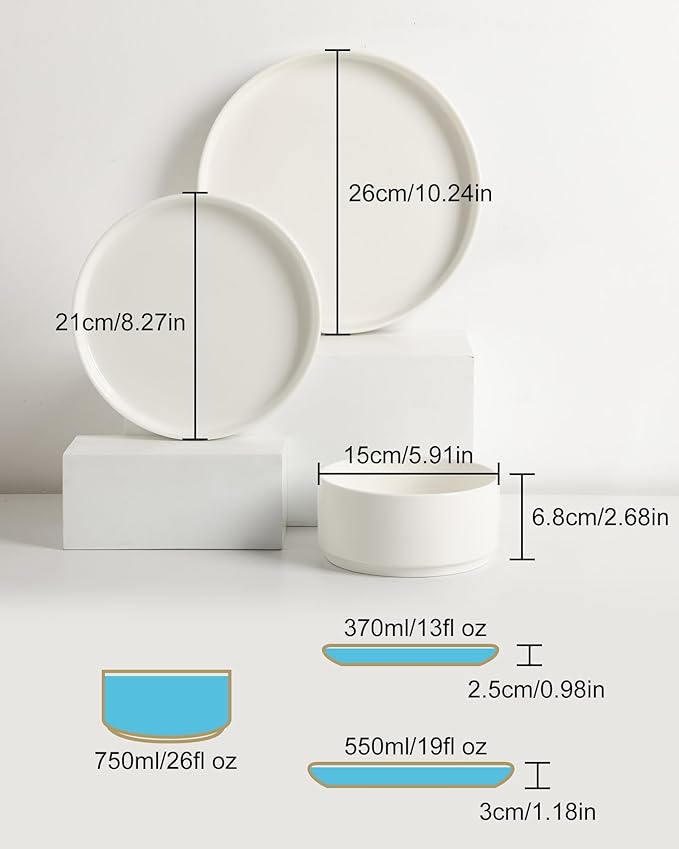 Sweejar Porcelain Dinnerware Sets for 6, 18 Pieces Ceramic Plates and Bowls Set, Classic Modern Simple Kitchen Dinner Dining Ware Set, Dishwasher and Microwave Safe Dishes Sets(Pure White-Black Rim)