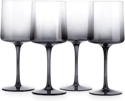 Navaris Gray Square Wine Glasses (Set of 4) - Smoke Color Wine Glasses with Stems - Glassware with Stem for Serving Wine, Cocktails, Beer, Dessert