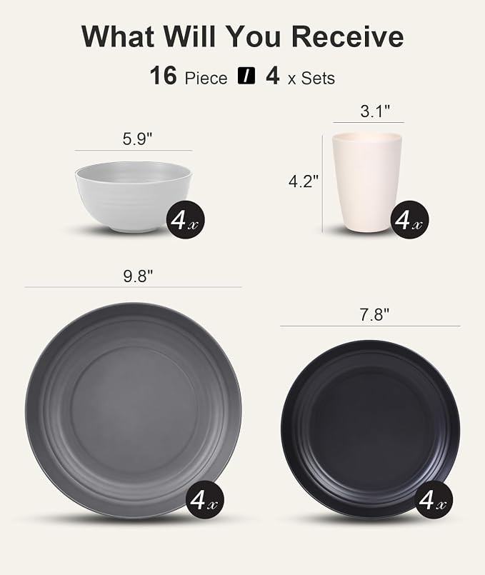 Quatish 16 Pcs Unbreakable Plates and Bowls, Plastic Dinnerware Sets - Image 2