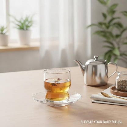 Layered Glass Tumbler with Saucer, Handleless Clear Cup - Image 2