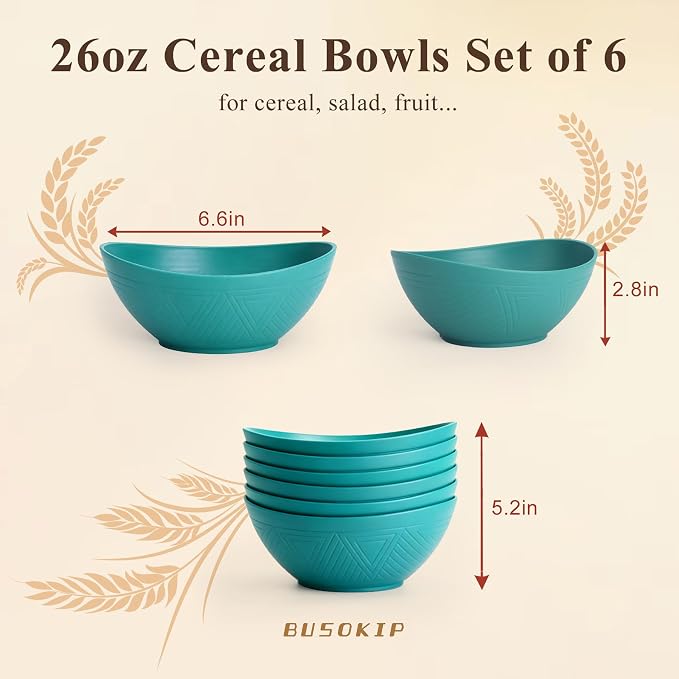 Cereal Bowls Sets of 6, Unbreakable & Stackable Wheat Straw Bowls 26oz - Image 2