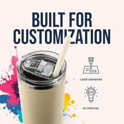 Hogg 20 oz Skinny Case (24 Units) - Beige, Powder Coated Tumblers for Laser Engraving, Engravable Tumblers Bulk, Stainless Steel Cups Bulk, Insulated Cups with Lids and Straws