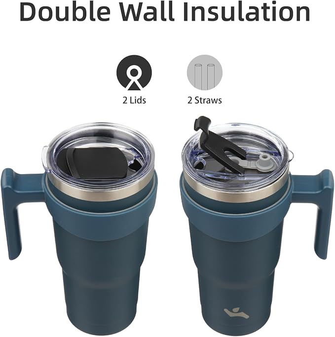 Konokyo 20 oz Tumbler with Handle and Straw, Insulated Travel Mug | Navy Blue; - Image 3