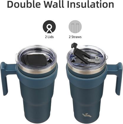 Konokyo 20 oz Tumbler with Handle and Straw, Insulated Travel Mug | Navy Blue; - Image 3