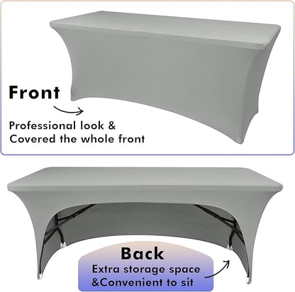 Nasitos 2 Pack Spandex 6 ft Fitted Table Cloth for Rectangle Table-Open Back Stretch Grey Tablecloth, Washable Fabric and Wrinkle Resistant Table Covers for Trade Show, Parties, Wedding, Craft Fair