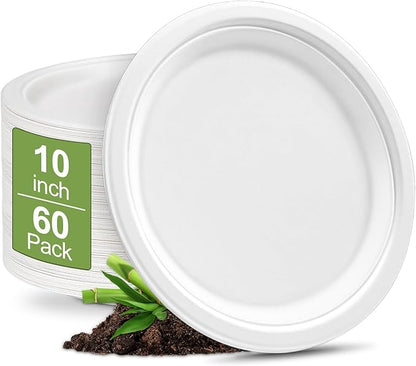 Heavy Duty Paper Plates 10 Inch [60 Pack - White ] Eco Friendly Compostable Dinner Plates, Biodegradable Disposable Paper Plates For Party Picnic Home Office, Sturdy Soak-proof