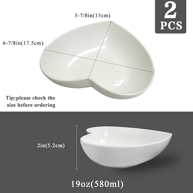 2pcs/Set Porcelain Heart Shaped Deep Salad Plates, 7 inch Cute Heart Bowls - Image 2